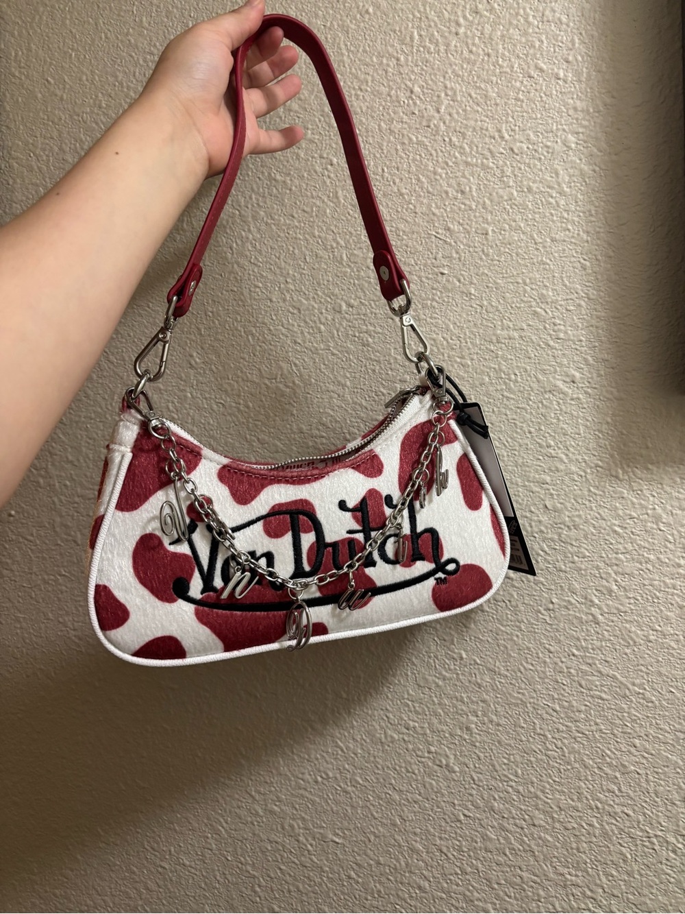 Von Dutch Red and White Cow-Print Mini Shoulder Bag with Chain